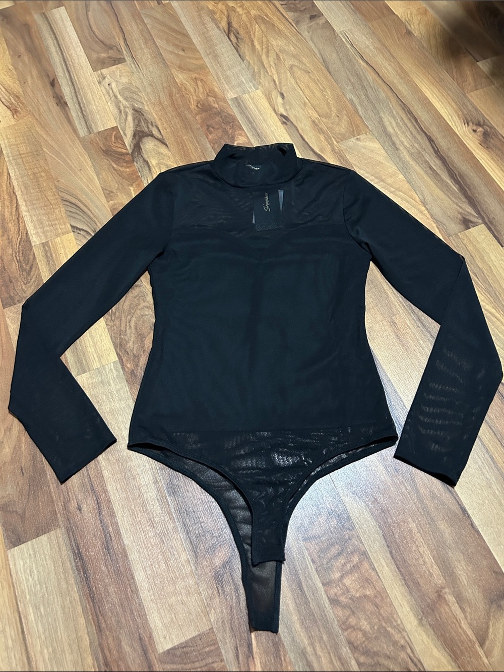 Shinestar Black Sheer Mock Neck Long Sleeve Bodysuit
